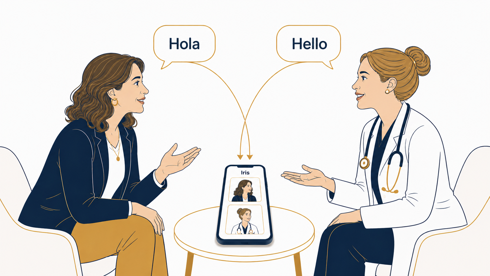 Two people in conversation through a smartphone — Iris translates between them in real time