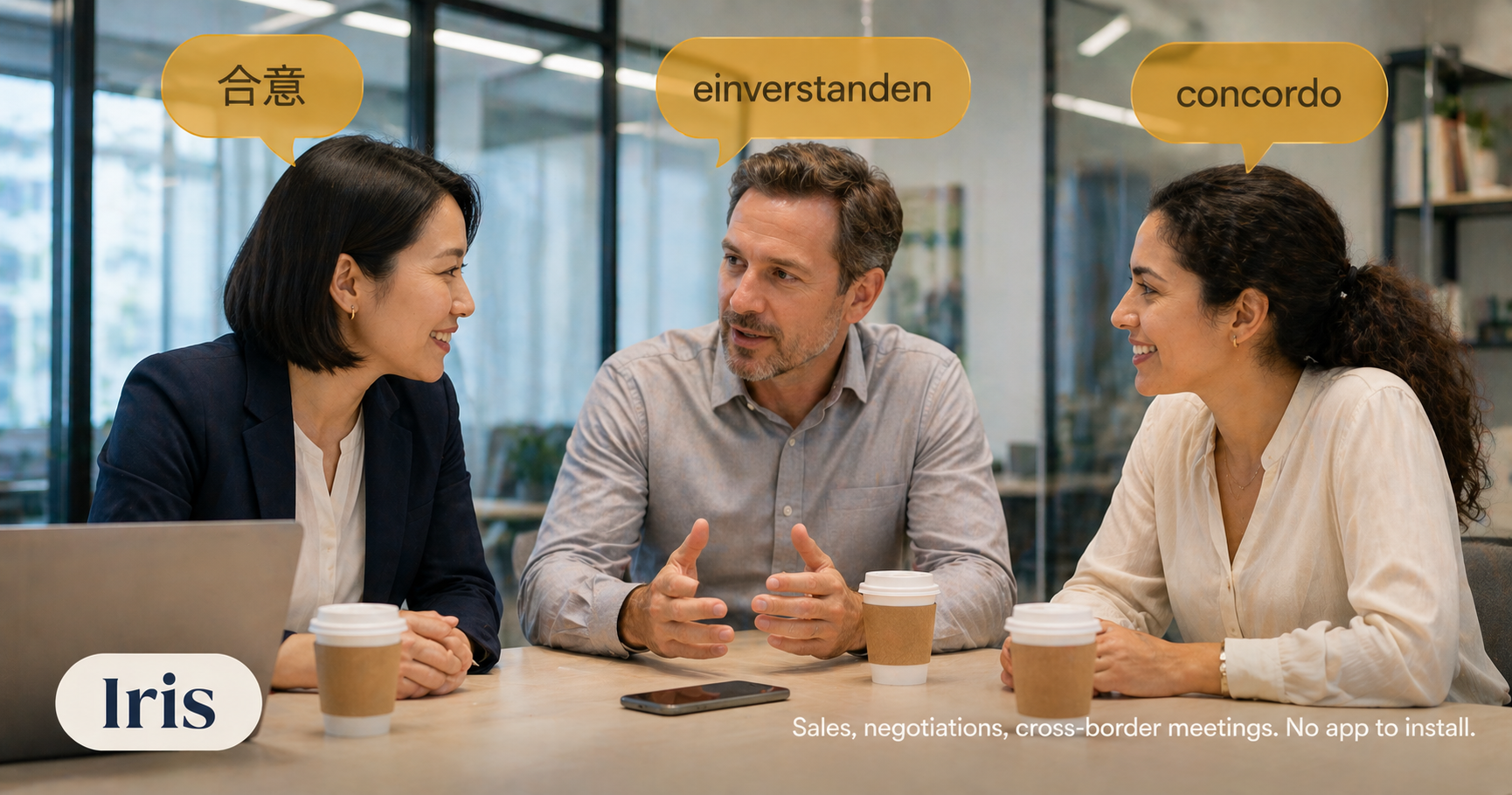 A multinational team in a meeting through Iris on a smartphone, with English, Japanese, German, and Portuguese speech bubbles overlaid