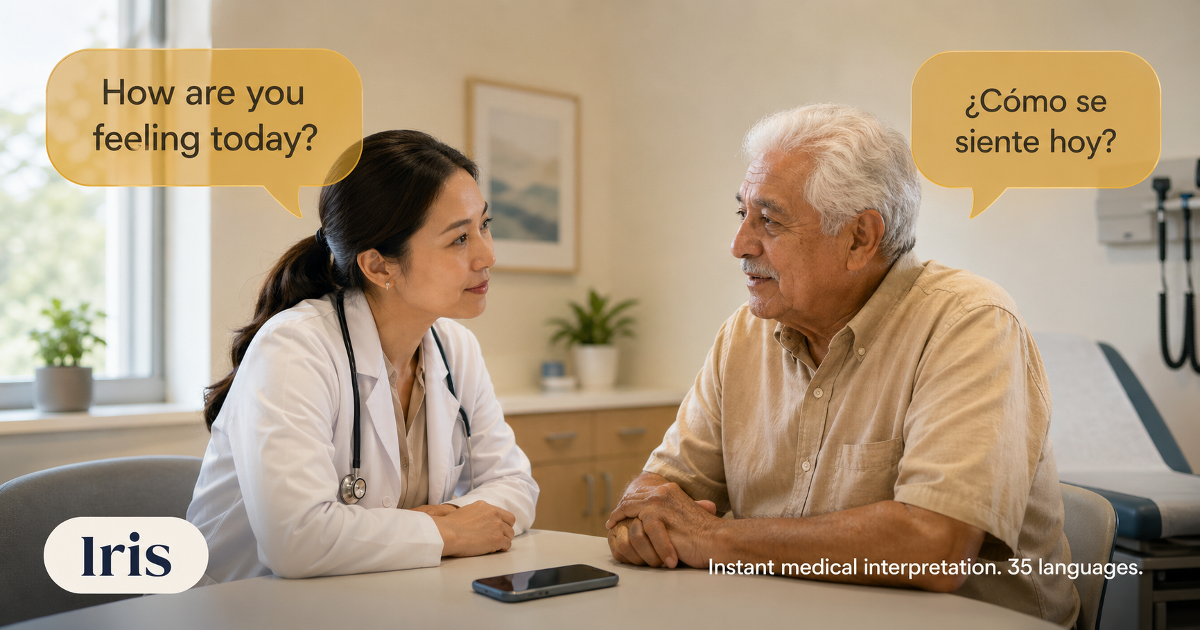 A clinician and elderly patient in conversation through Iris on a smartphone, with English and Spanish speech bubbles overlaid